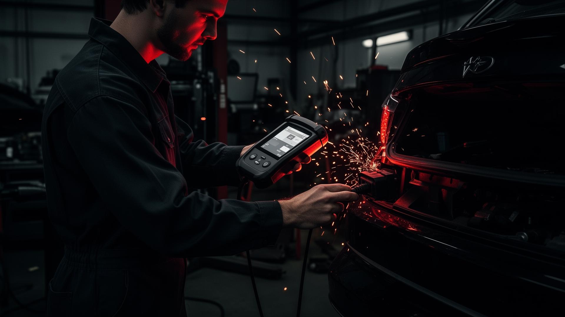 Mechanic running diagnostics on a vehicle